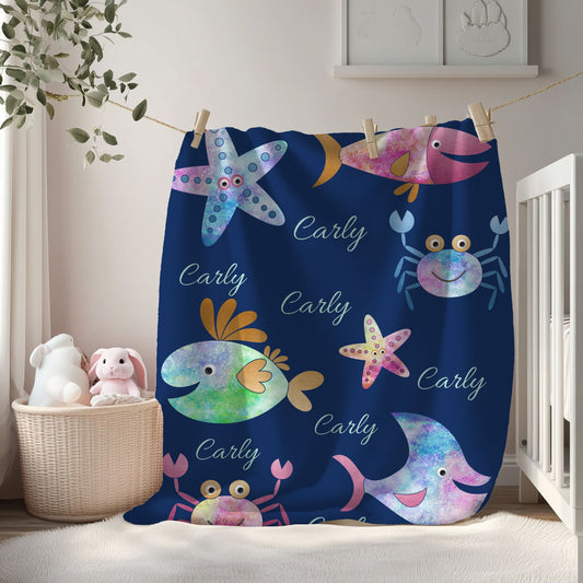 Personalized Velveteen Plush Blanket - Colorful Sea Creatures Design, Custom Gift, Kids Bedroom Decor, Cozy Blanket, Kids Gift