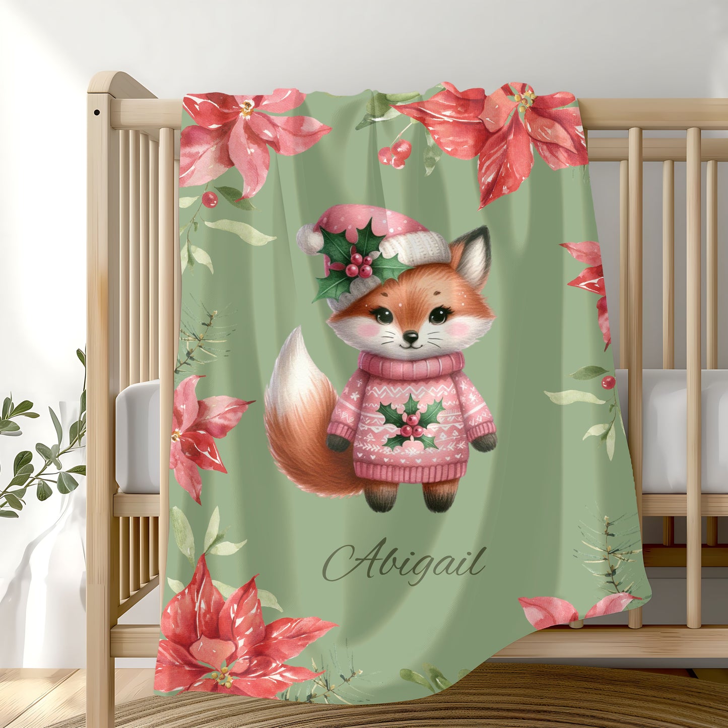 Personalized Fox Christmas Velveteen Plush Blanket, Cozy Holiday Gift, Custom Throw Blanket, Winter Decoration, Cute Pet Blanket