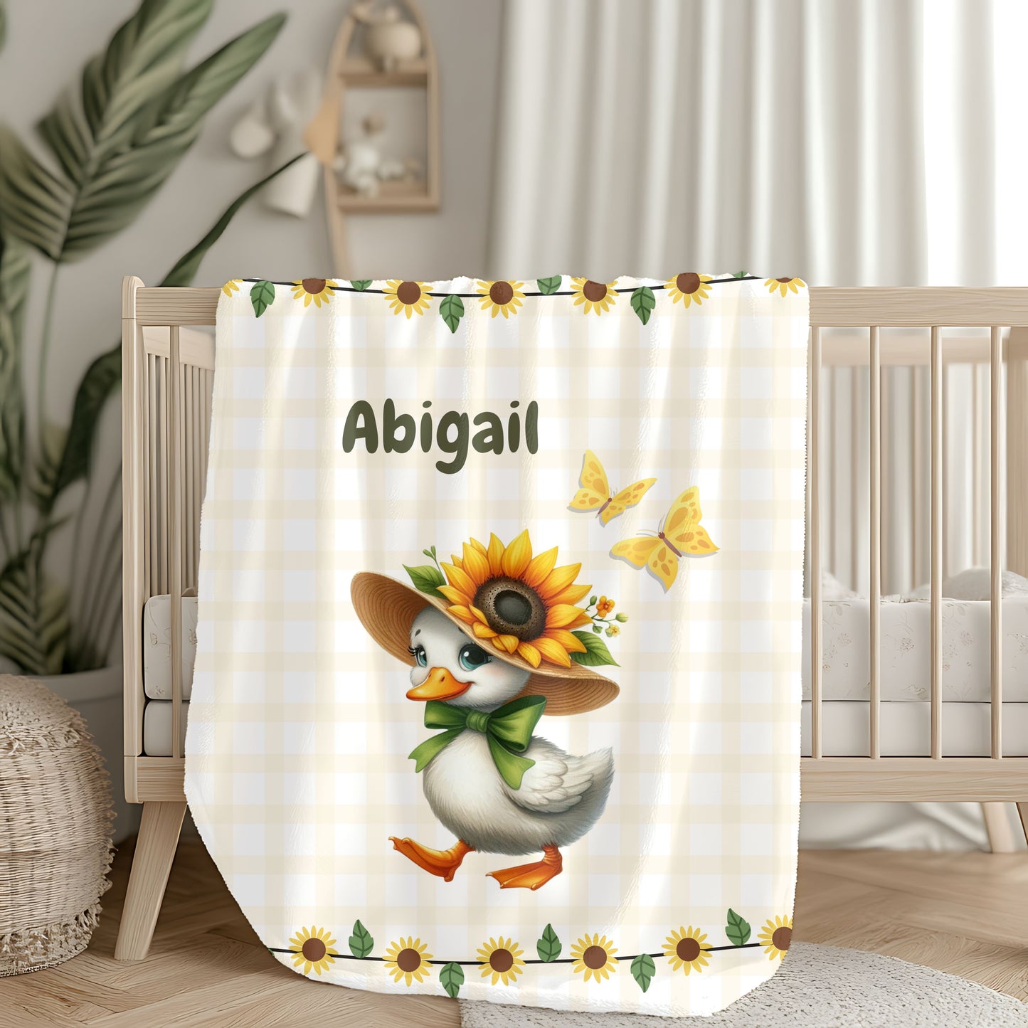 Customized Velveteen Plush Blanket with Sunflower Duck Design, Cozy Throw Blanket, Personalized Gift, Cute Nursery Decor, Baby Shower Gift