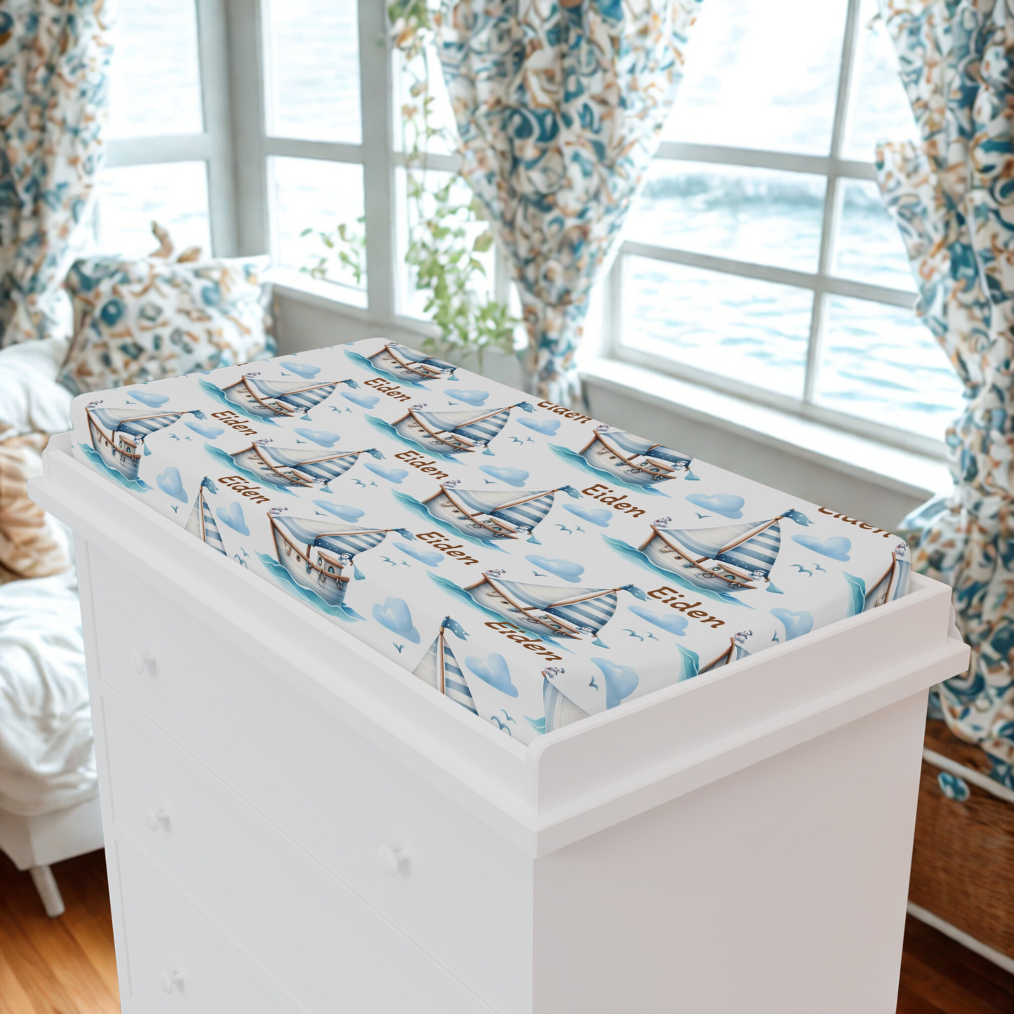 Nautical Baby Changing Pad Cover – Personalized Sailboat & Seagull Design (Custom Name)