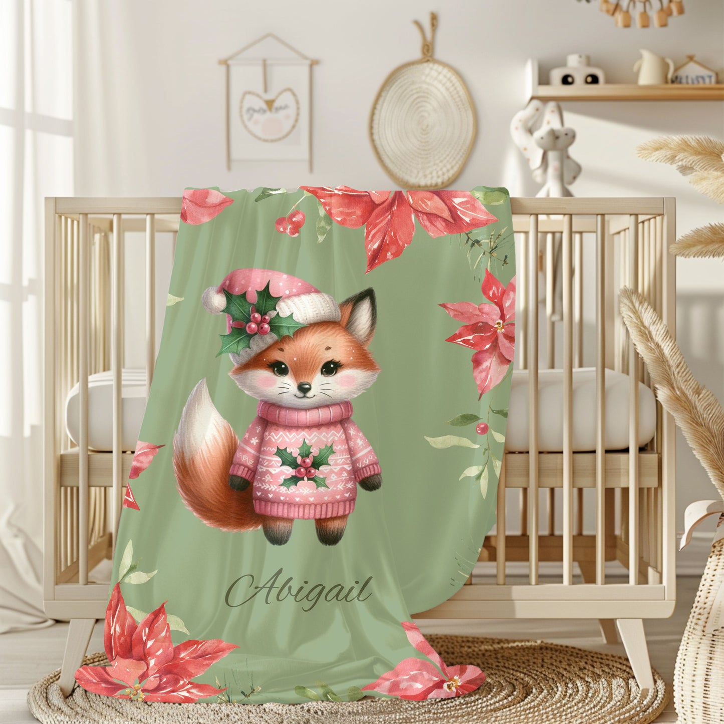 Personalized Fox Christmas Velveteen Plush Blanket, Cozy Holiday Gift, Custom Throw Blanket, Winter Decoration, Cute Pet Blanket