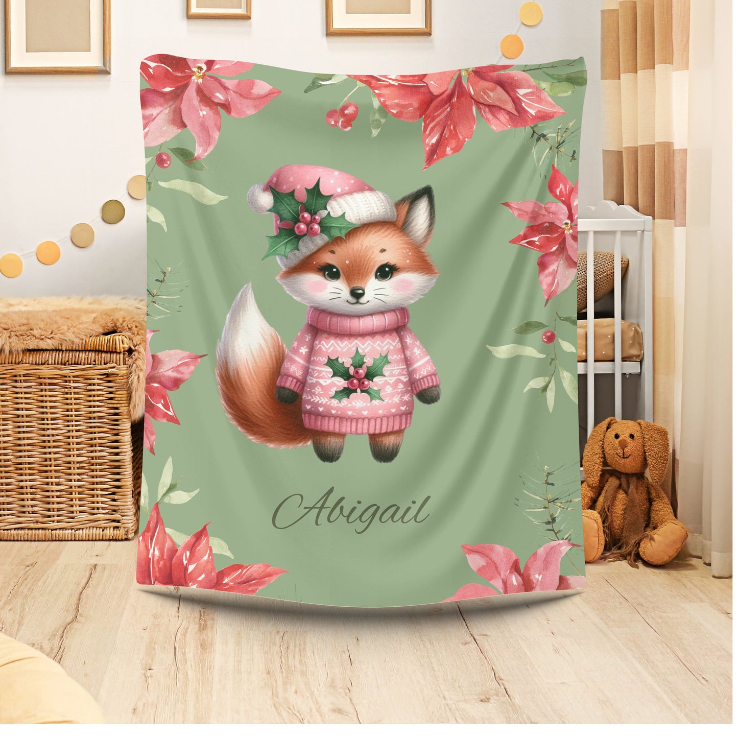 Personalized Fox Christmas Velveteen Plush Blanket, Cozy Holiday Gift, Custom Throw Blanket, Winter Decoration, Cute Pet Blanket