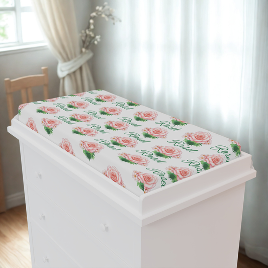 Changing Pad Cover — Blush Rose Floral with "Blessed" Script