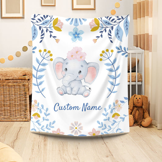 Customizable Velveteen Plush Blanket with Elephant Design, Cozy Throw, Baby Shower Gift, Nursery Decor, Personalized Baby Blanket