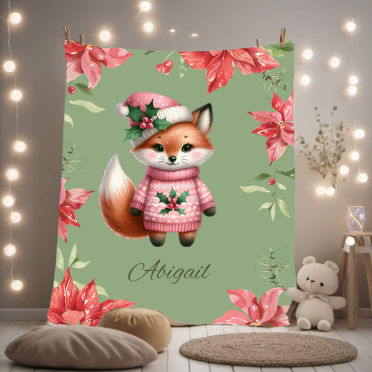 Personalized Fox Christmas Velveteen Plush Blanket, Cozy Holiday Gift, Custom Throw Blanket, Winter Decoration, Cute Pet Blanket