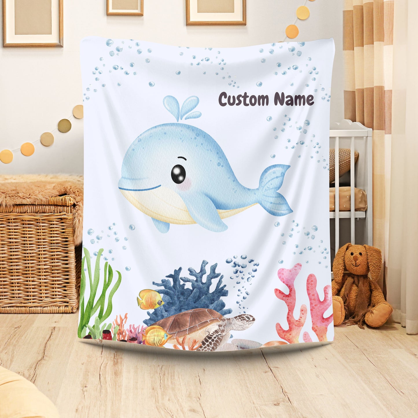 Custom Whale Velveteen Plush Blanket, Kids Throw Blanket, Nautical Nursery Décor, Personalized Gift, Cozy Home Accessories, Baby Shower Gift