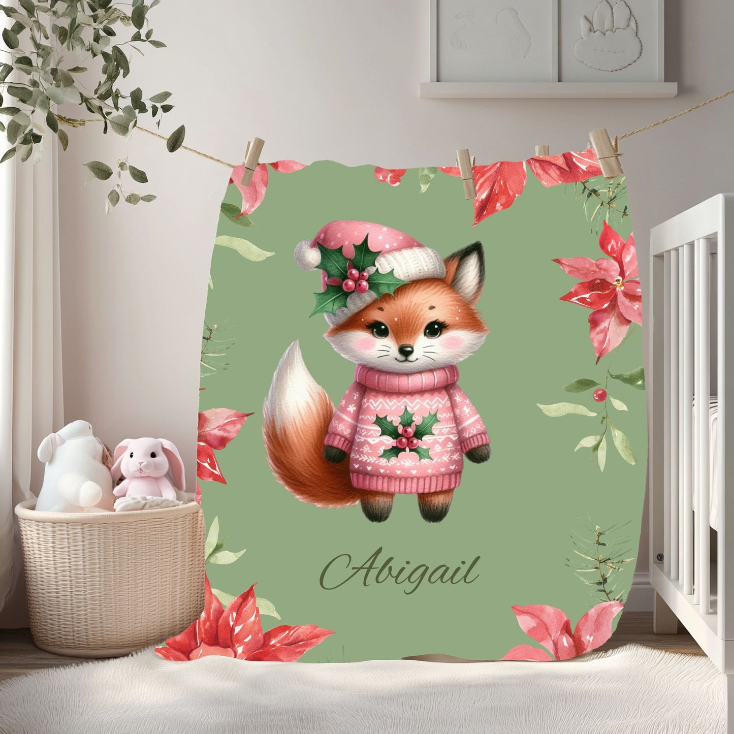 Personalized Fox Christmas Velveteen Plush Blanket, Cozy Holiday Gift, Custom Throw Blanket, Winter Decoration, Cute Pet Blanket