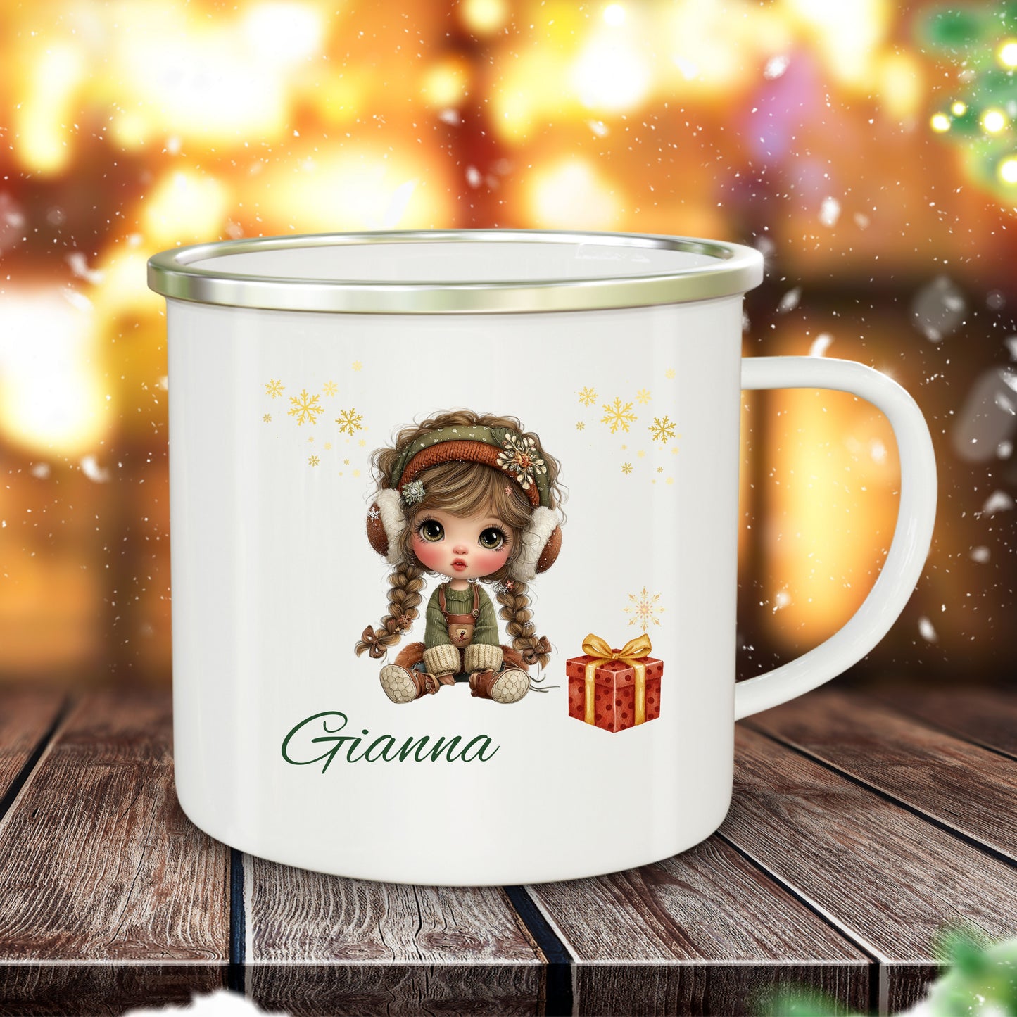 Personalized Enamel Camping Mug with Cute Winter Design