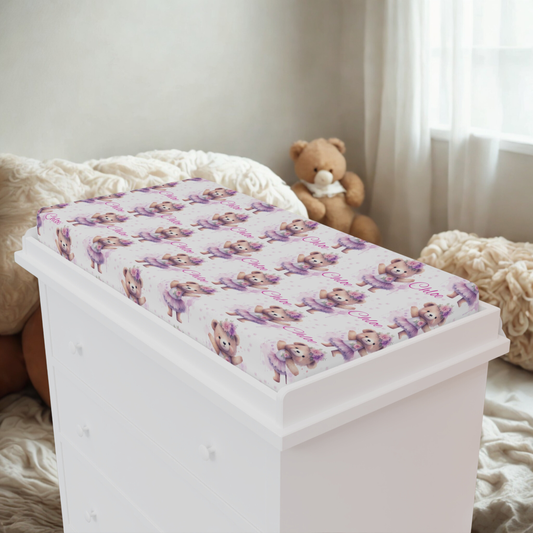 Changing Pad Cover — Cute Purple Teddy Bear Pattern (Personalized Name Option)