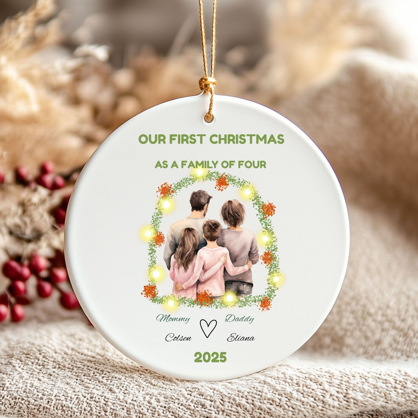 Personalized Family Ornament, First Christmas Decoration, Custom Holiday Keepsake, Personalized Gift, Family of Four Ornament