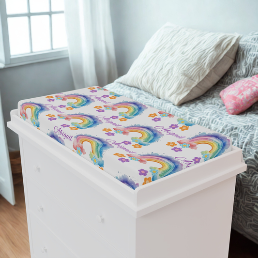 Baby Changing Pad Cover — Watercolor Rainbow Floral Pattern (Personalized Name Option)