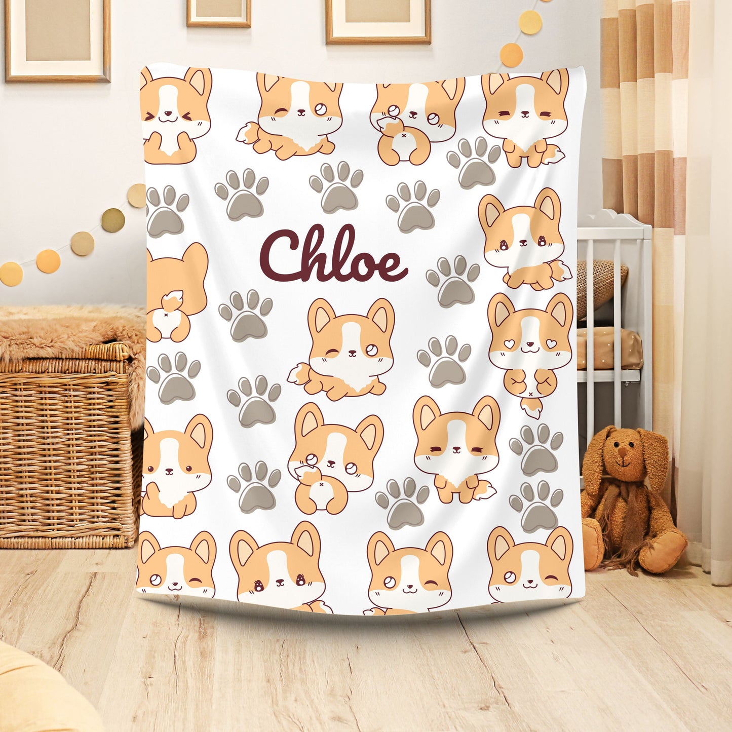 Personalized Velveteen Plush Blanket with Cute Corgis, Pet Lovers Gift, Cozy Home Decor, Kids Comfort Blanket, Custom Name Blanket
