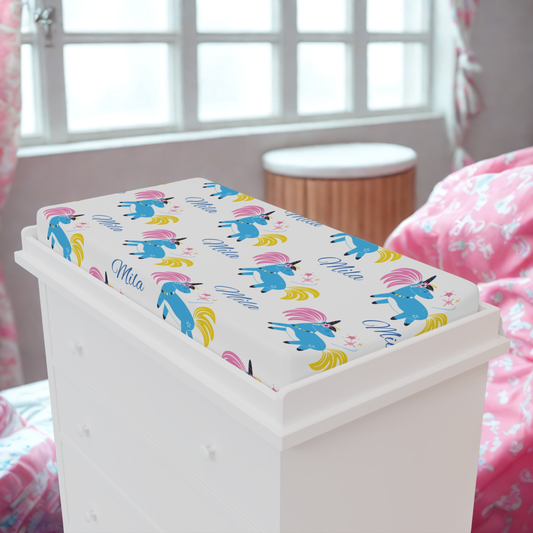 Unicorn Baby Changing Pad Cover — Cute Blue Unicorns with Name 'Mila'