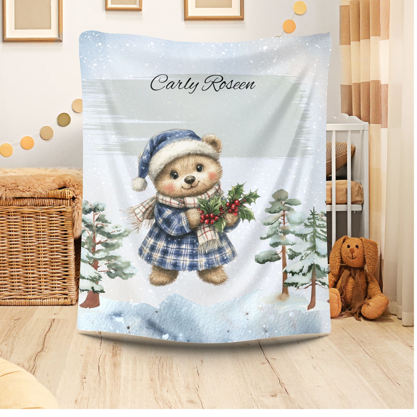 Personalized Velveteen Plush Blanket with Winter Bear Design, Cozy Holiday Gift, Soft Throw for Kids, Christmas Decor, Custom Name Blanket