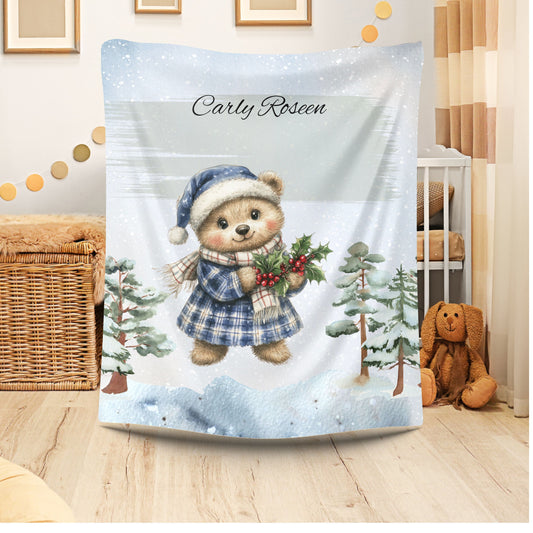Personalized Velveteen Plush Blanket with Winter Bear Design, Cozy Holiday Gift, Soft Throw for Kids, Christmas Decor, Custom Name Blanket