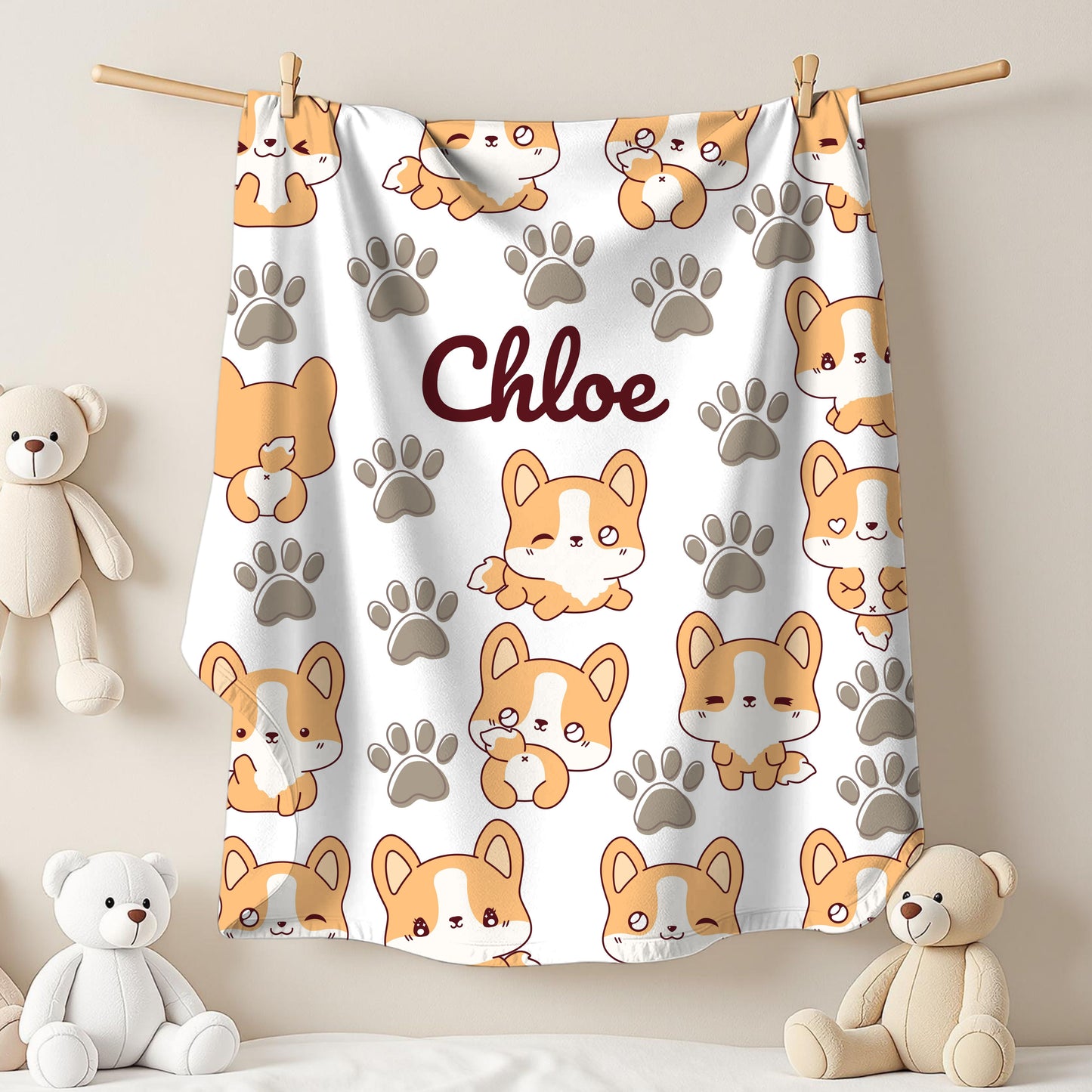 Personalized Velveteen Plush Blanket with Cute Corgis, Pet Lovers Gift, Cozy Home Decor, Kids Comfort Blanket, Custom Name Blanket