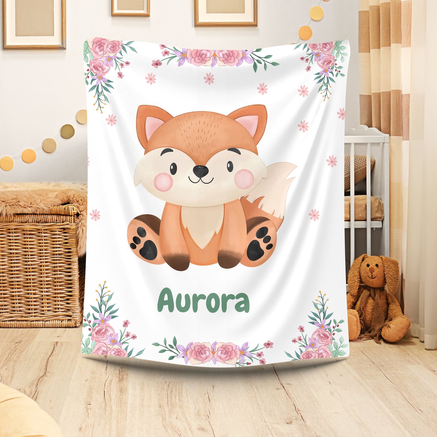 Personalized Velveteen Plush Blanket with Adorable Fox Design, Cozy Nursery Decor, Gift for Baby Shower, Kids Room, Custom Blanket