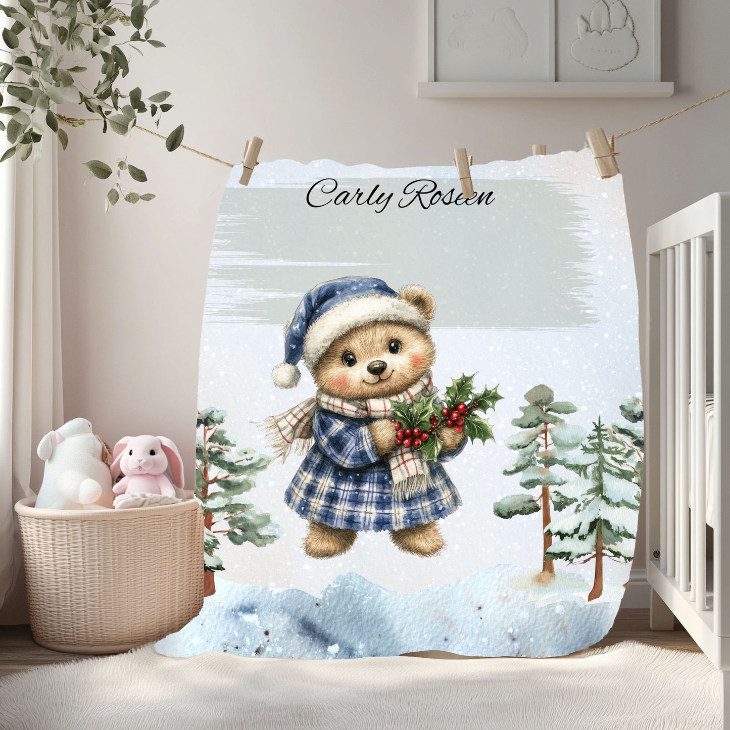 Personalized Velveteen Plush Blanket with Winter Bear Design, Cozy Holiday Gift, Soft Throw for Kids, Christmas Decor, Custom Name Blanket