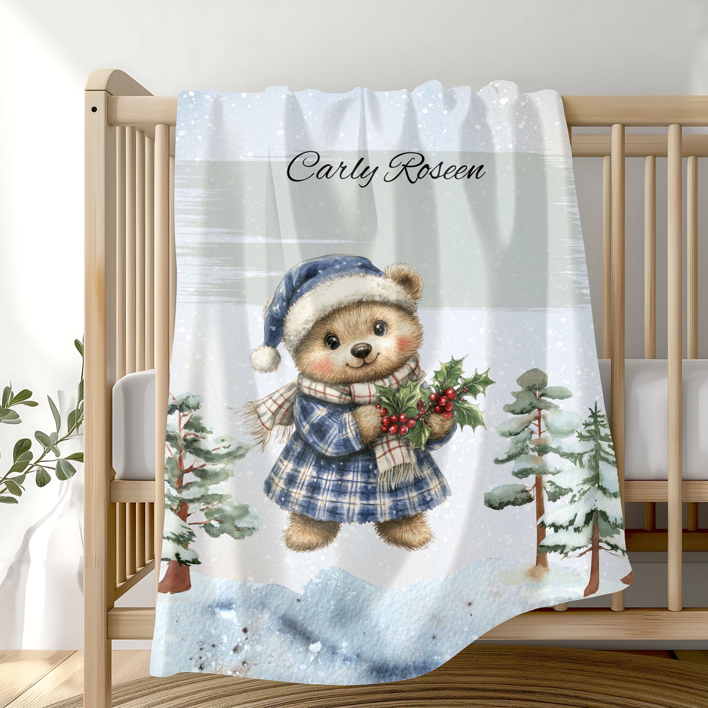 Personalized Velveteen Plush Blanket with Winter Bear Design, Cozy Holiday Gift, Soft Throw for Kids, Christmas Decor, Custom Name Blanket