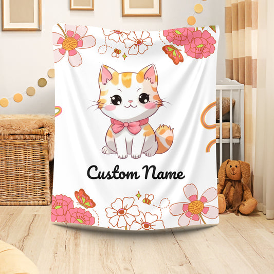 Custom Cat Plush Blanket, Personalized Velveteen Blanket for Kids, Cozy Cat Themed Gift, Baby Shower Blanket, Floral Comfort Throw