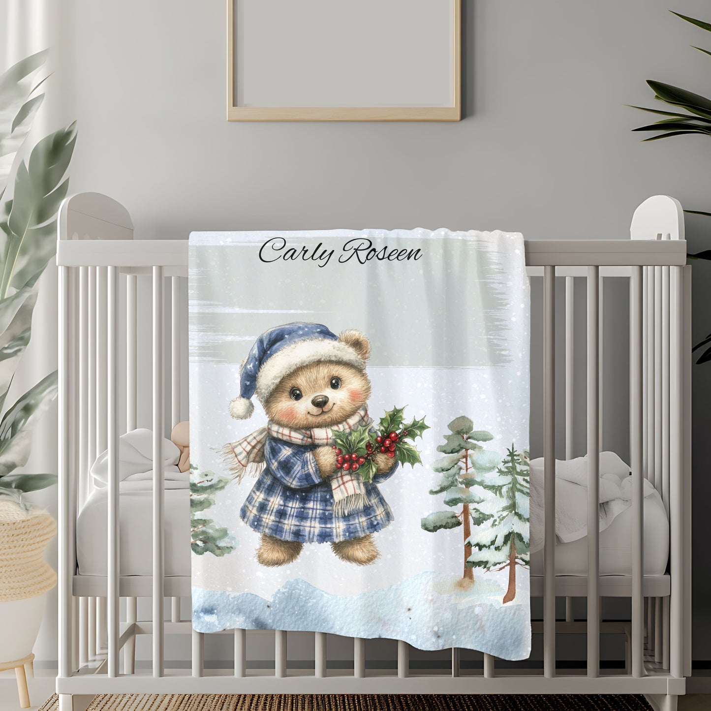 Personalized Velveteen Plush Blanket with Winter Bear Design, Cozy Holiday Gift, Soft Throw for Kids, Christmas Decor, Custom Name Blanket