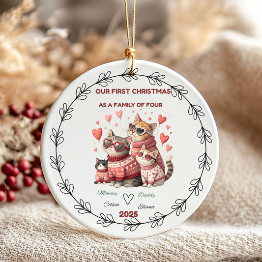 Cute Cat Family Christmas Ornament, Personalized Holiday Decoration, Family of Four Keepsake, Pet Lover Gift, Christmas Tree Decor