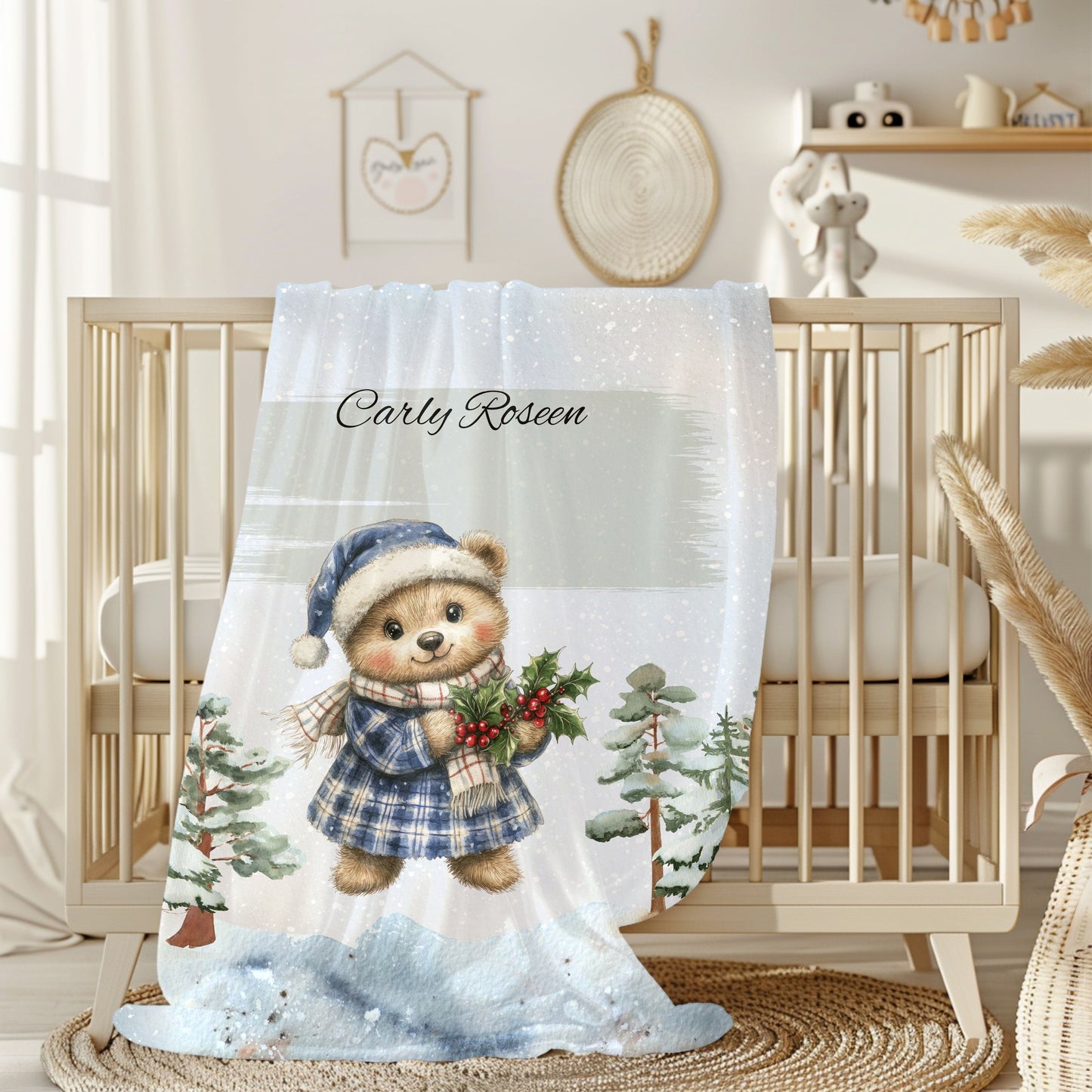 Personalized Velveteen Plush Blanket with Winter Bear Design, Cozy Holiday Gift, Soft Throw for Kids, Christmas Decor, Custom Name Blanket
