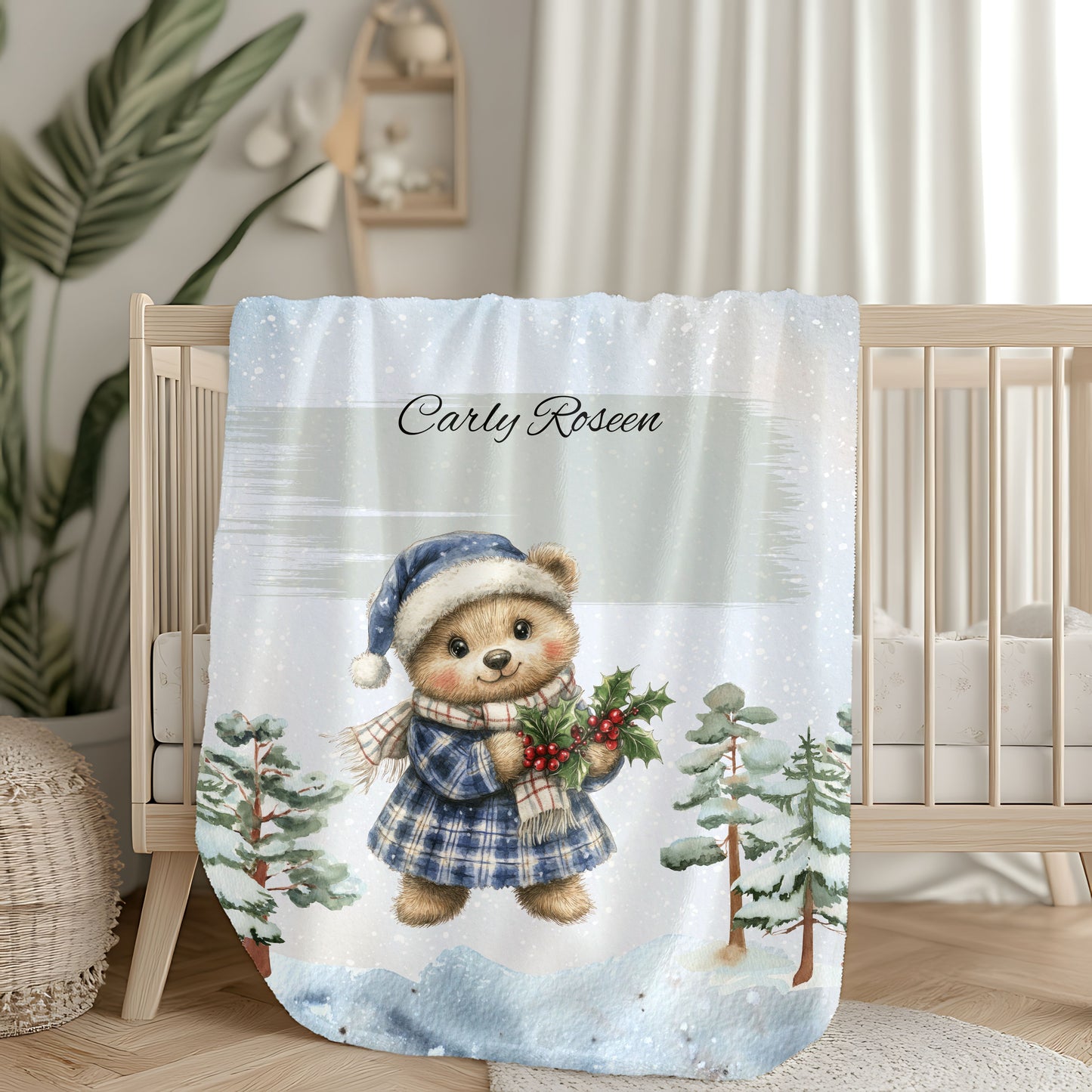 Personalized Velveteen Plush Blanket with Winter Bear Design, Cozy Holiday Gift, Soft Throw for Kids, Christmas Decor, Custom Name Blanket