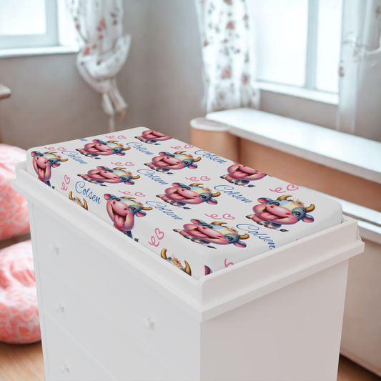 Cow Print Baby Changing Pad Cover — Cute Pink Calf Design with "Calm" Text, Soft Nursery Accessory for Newborns & Baby Showers