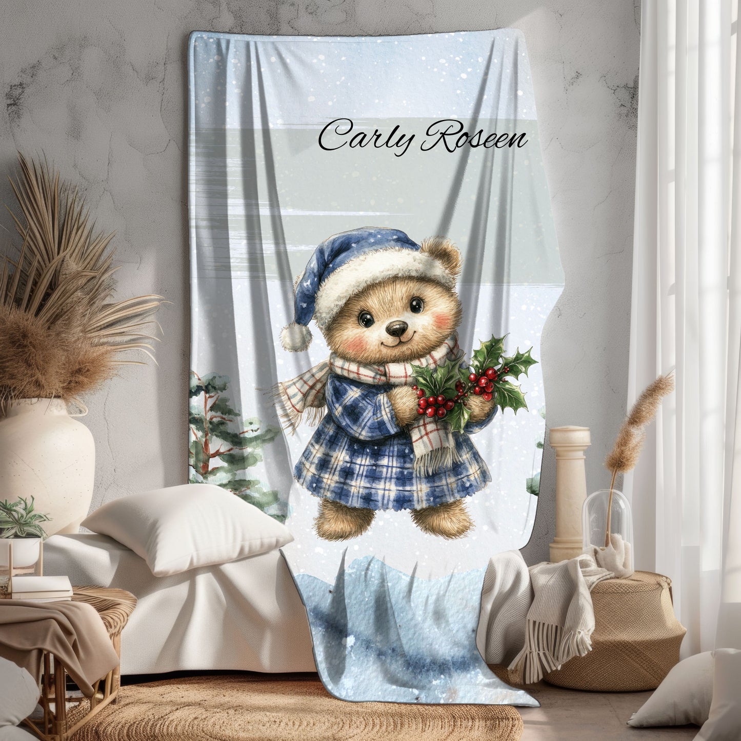 Personalized Velveteen Plush Blanket with Winter Bear Design, Cozy Holiday Gift, Soft Throw for Kids, Christmas Decor, Custom Name Blanket