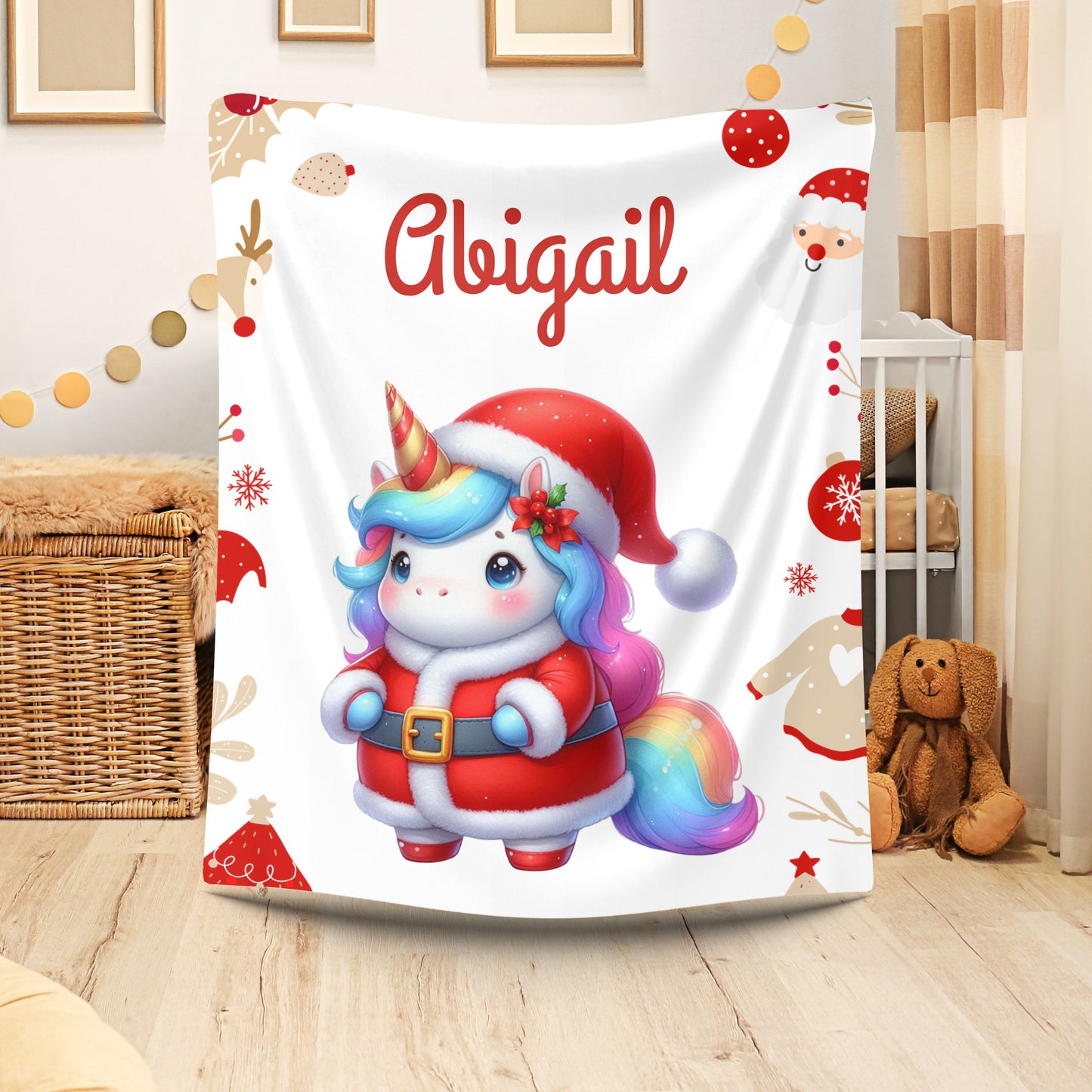 Christmas Unicorn Plush Blanket, Personalized Holiday Throw, Cozy Kids Blanket, Unicorn Gifts, Winter Decor