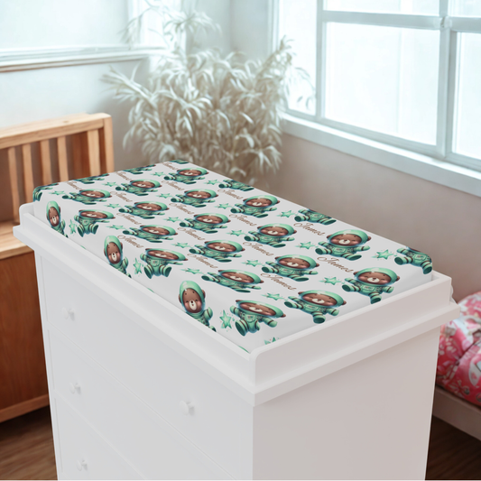 Floral Baby Bear Changing Pad Cover — Soft Fitted Nursery Protector with Green Botanicals