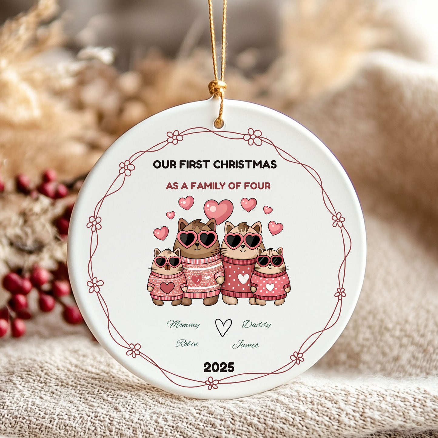 Family Christmas Ornament, Personalized Keepsake for First Christmas, Holiday Decor, Pet Lover Gift, Custom Family Tree Decor