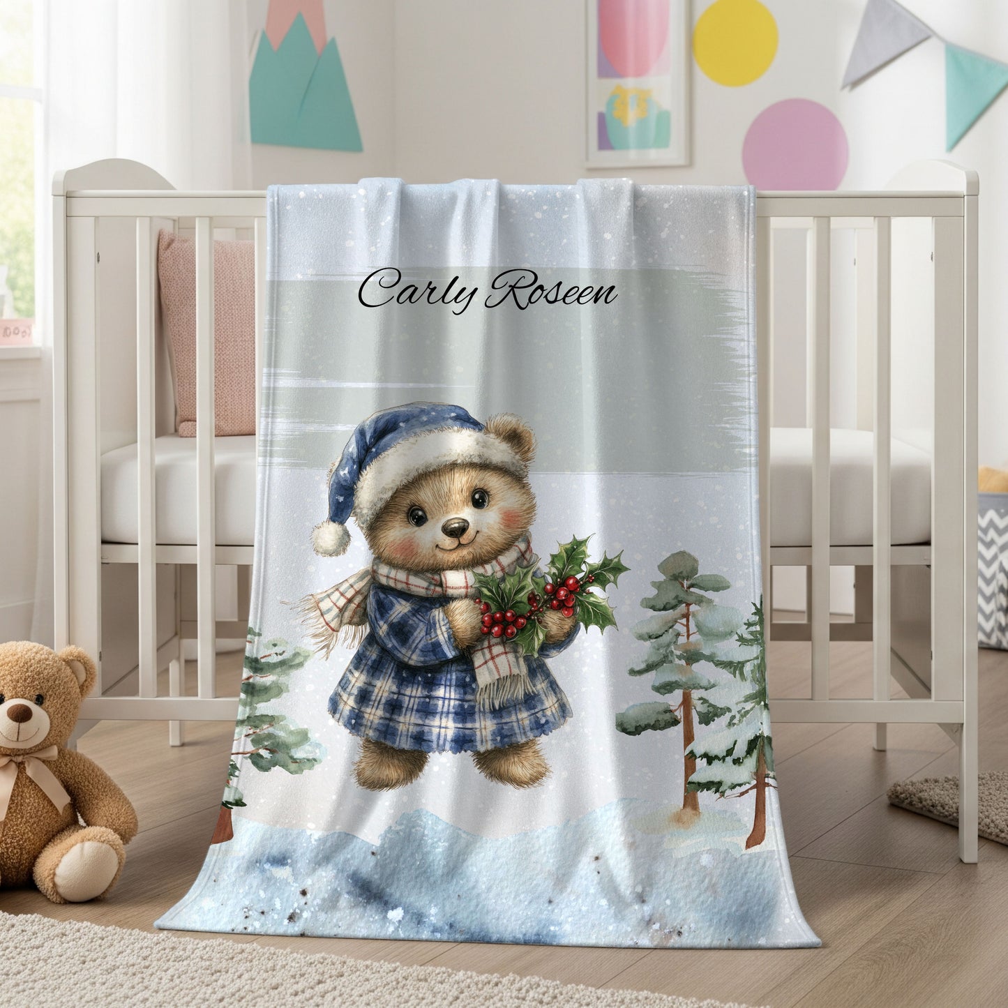 Personalized Velveteen Plush Blanket with Winter Bear Design, Cozy Holiday Gift, Soft Throw for Kids, Christmas Decor, Custom Name Blanket