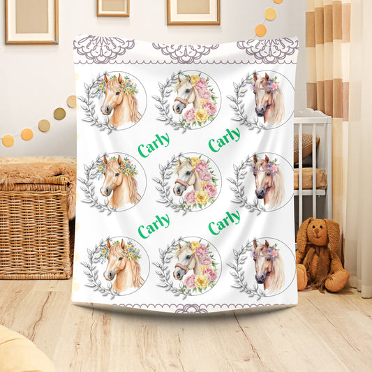 Personalized Horse Lover's Blanket, Velveteen Plush Blanket, Cozy Gift for Kids, Horse-Themed Decor, Unique Nursery Item
