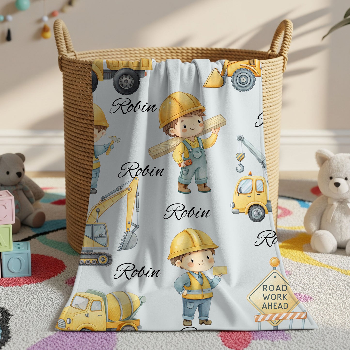 Kids' Construction-Themed Velveteen Plush Blanket