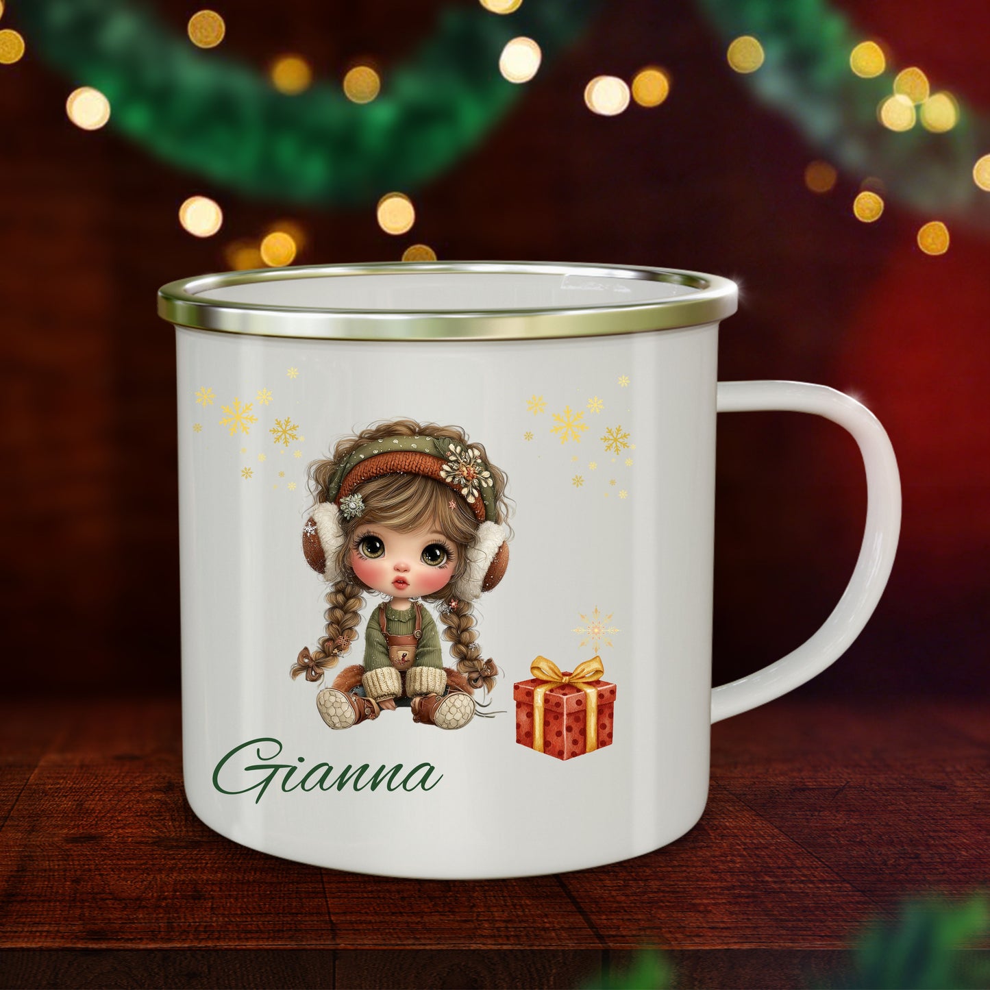 Personalized Enamel Camping Mug with Cute Winter Design