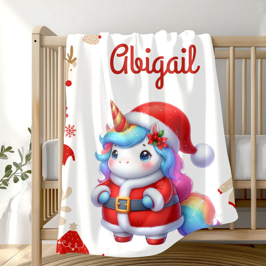 Christmas Unicorn Plush Blanket, Personalized Holiday Throw, Cozy Kids Blanket, Unicorn Gifts, Winter Decor