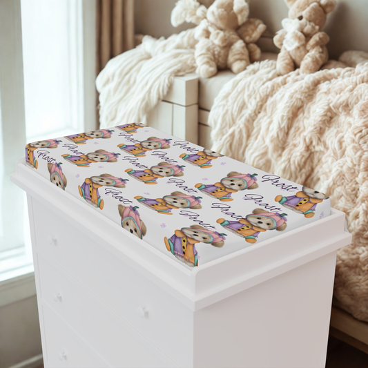 Changing Pad Cover — Cute Teddy Bear Pattern with Name "Grace" | Baby Nursery Accessory
