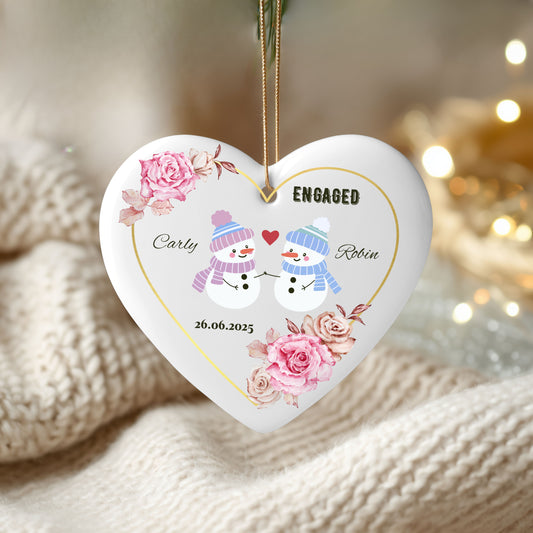 Engagement Snowman Ornament, Custom Holiday Decor, Personalized Keepsake, Christmas Tree Decoration, Gift for Couples