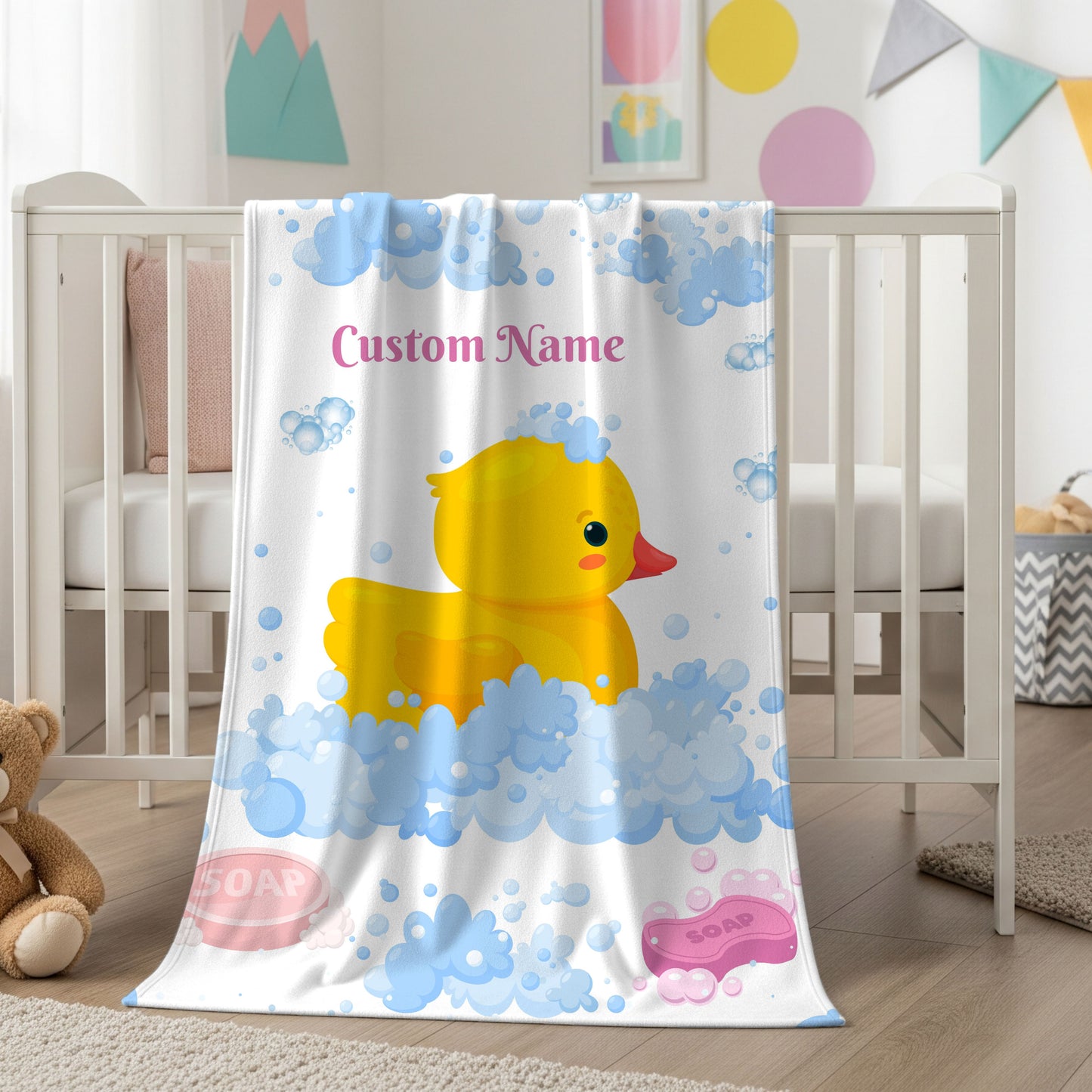 Custom Duck Bath Time Velveteen Plush Blanket, Baby Shower Gift, Nursery Decor, Personalized Blanket, Soft Throw Blanket