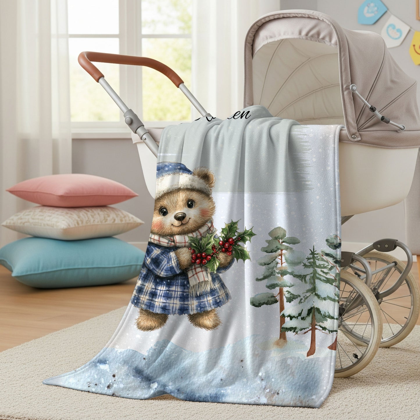 Personalized Velveteen Plush Blanket with Winter Bear Design, Cozy Holiday Gift, Soft Throw for Kids, Christmas Decor, Custom Name Blanket