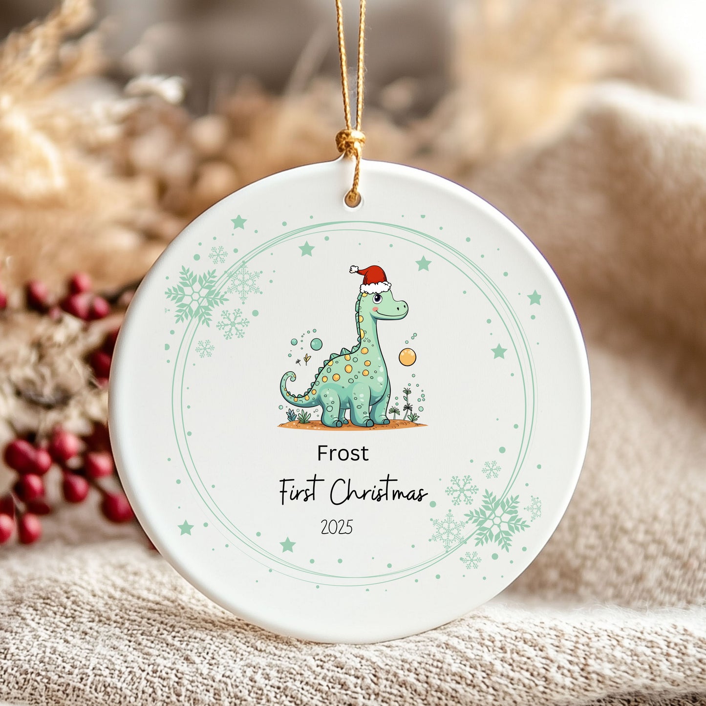 Dinosaur Christmas Ornament, First Christmas Ornament, Ceramic Holiday Decor, Baby's First Christmas 2025, Festive Tree Decoration