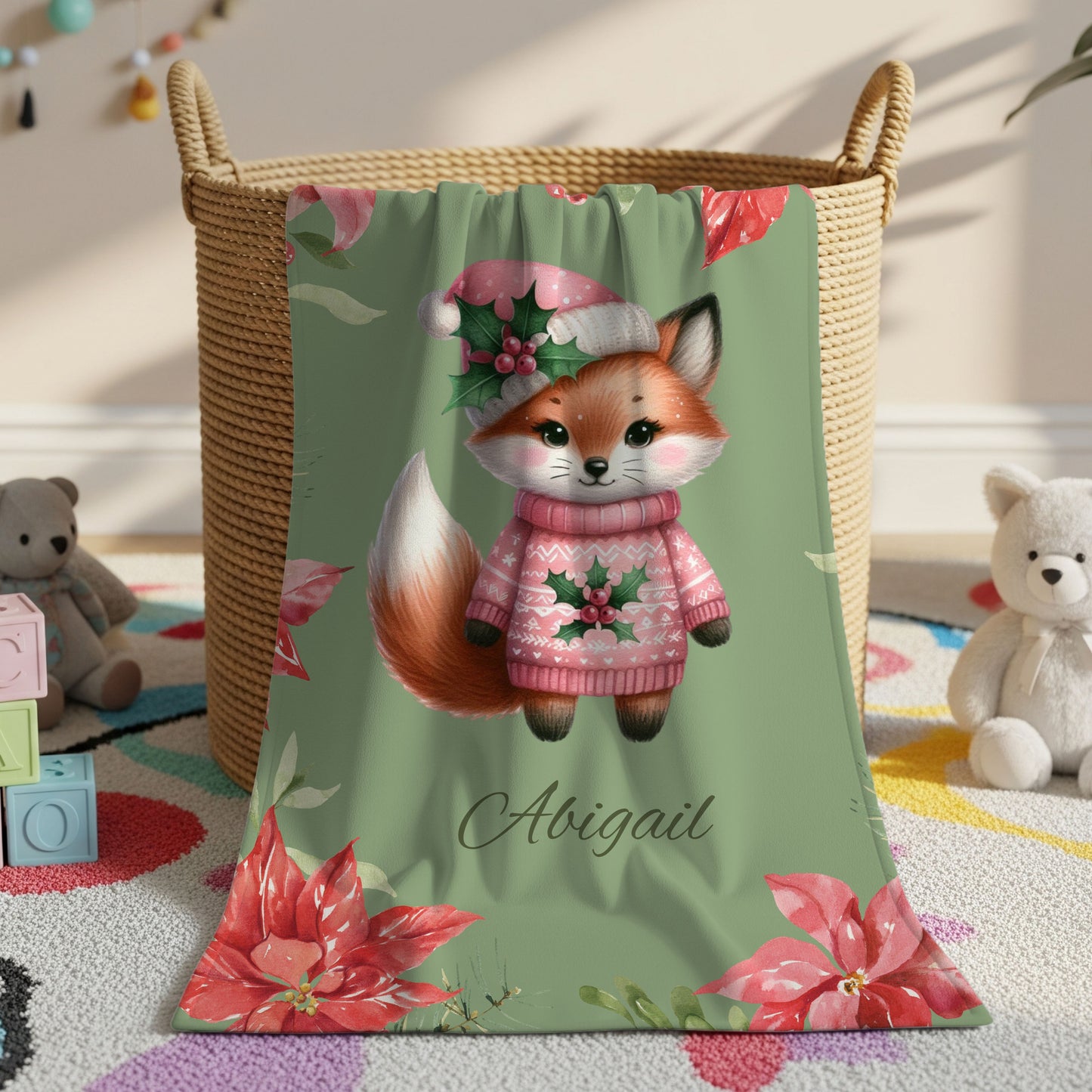 Personalized Fox Christmas Velveteen Plush Blanket, Cozy Holiday Gift, Custom Throw Blanket, Winter Decoration, Cute Pet Blanket