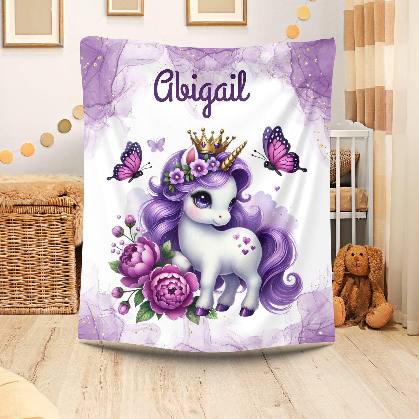 Personalized Unicorn Velveteen Plush Blanket, Cozy Kids Blanket, Birthday Gift, Nursery Decor, Soft Throw Blanket