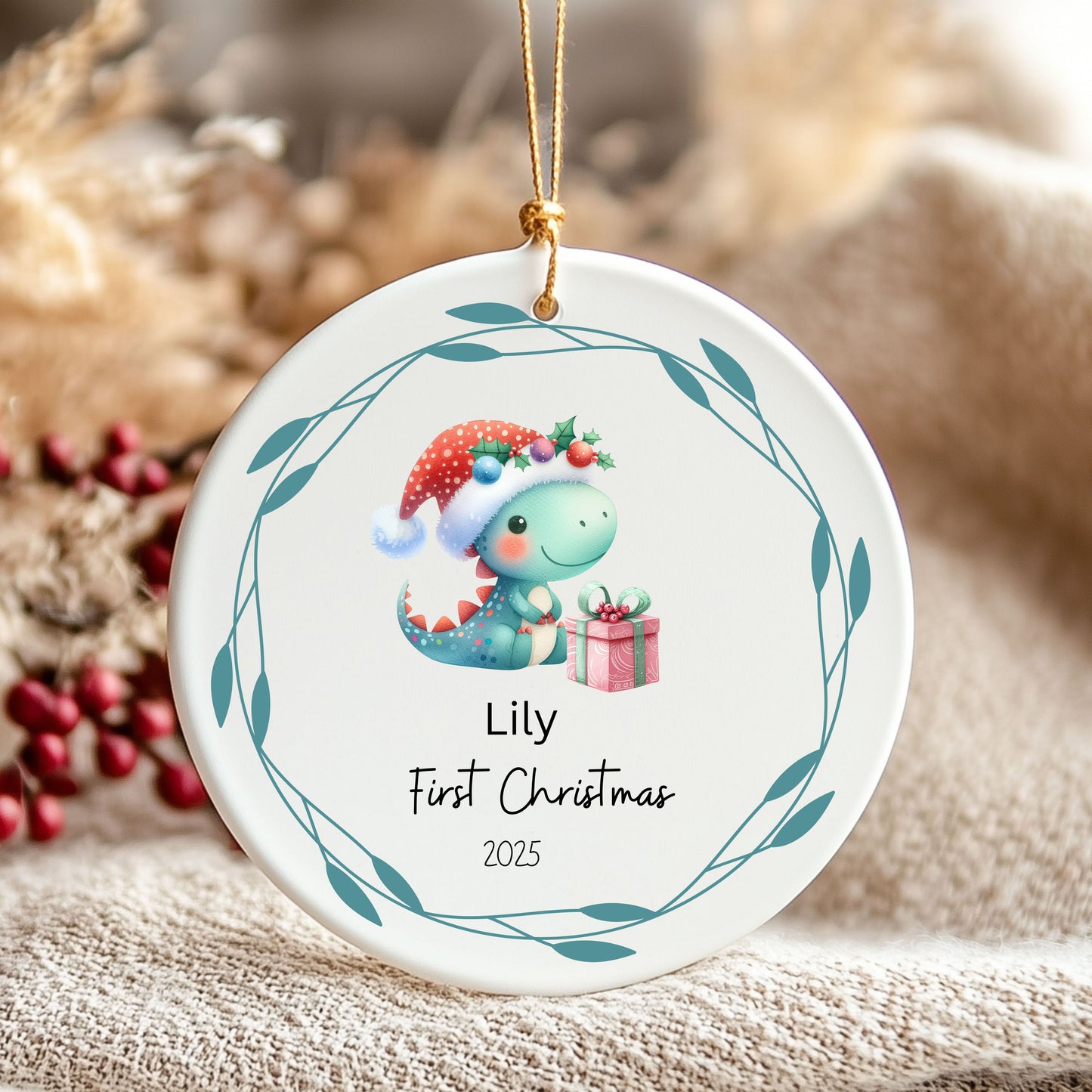 Personalized First Christmas Ornament, Cute Dinosaur Decoration, Holiday Gift, Baby's First Christmas, Keepsake Ornament