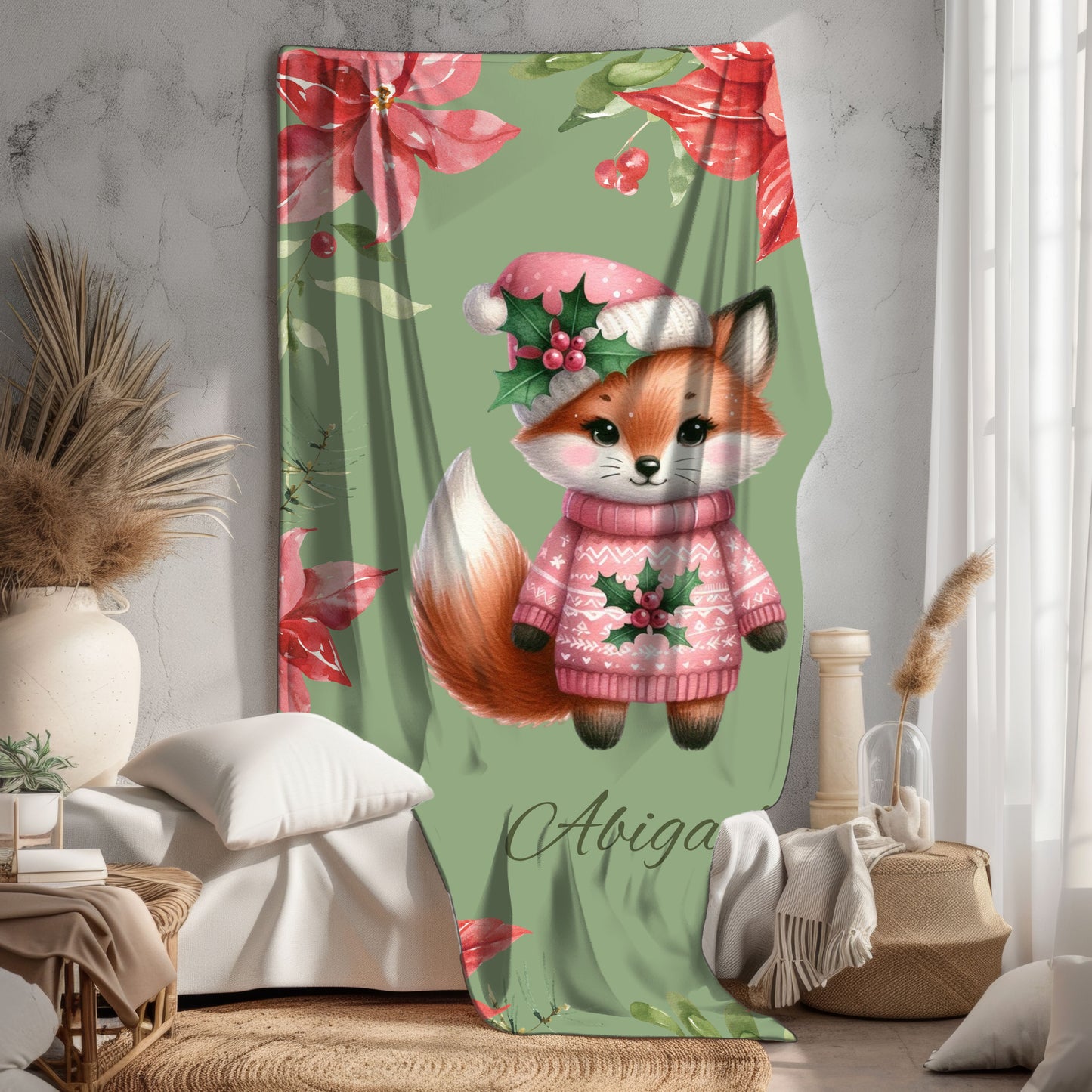 Personalized Fox Christmas Velveteen Plush Blanket, Cozy Holiday Gift, Custom Throw Blanket, Winter Decoration, Cute Pet Blanket