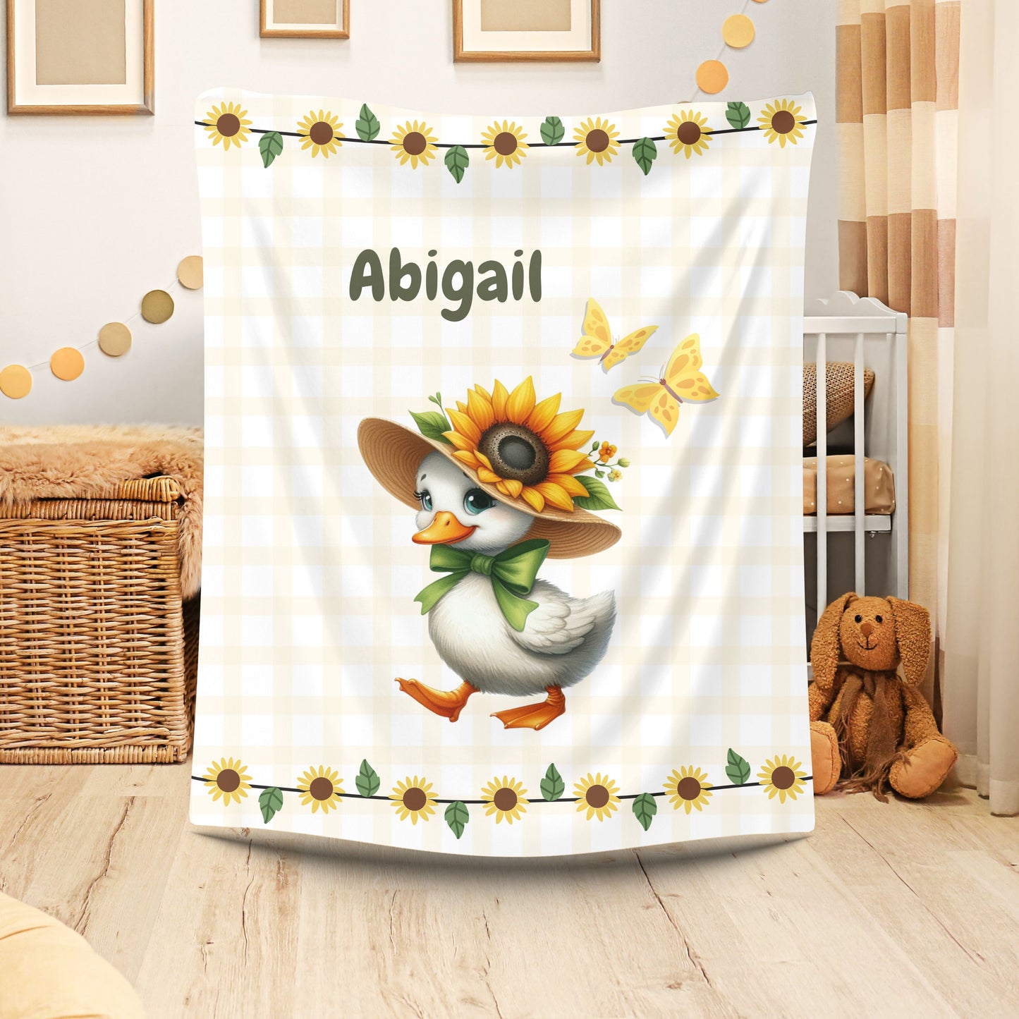 Customized Velveteen Plush Blanket with Sunflower Duck Design, Cozy Throw Blanket, Personalized Gift, Cute Nursery Decor, Baby Shower Gift