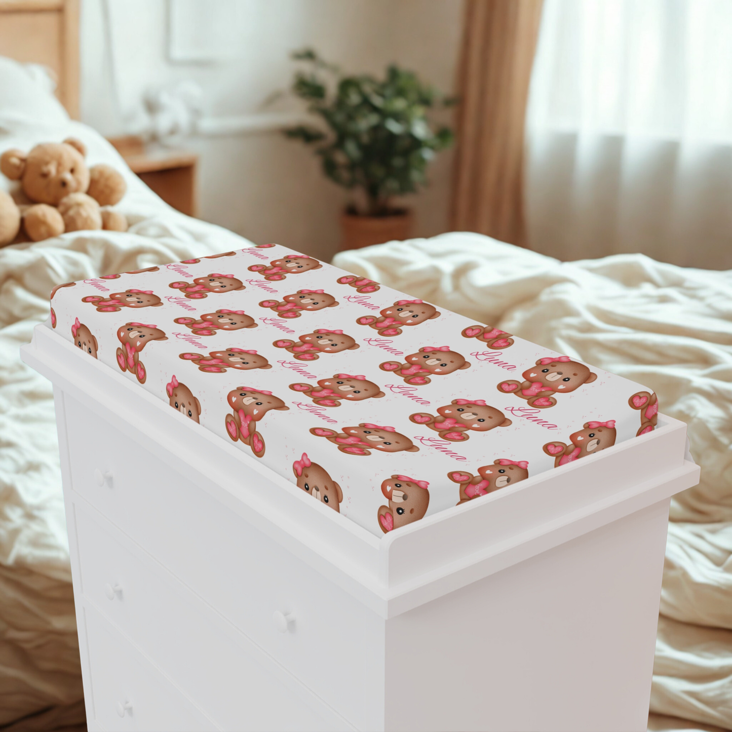 Baby Changing Pad Cover - Pink Teddy Bear Pattern, Personalized Name Option