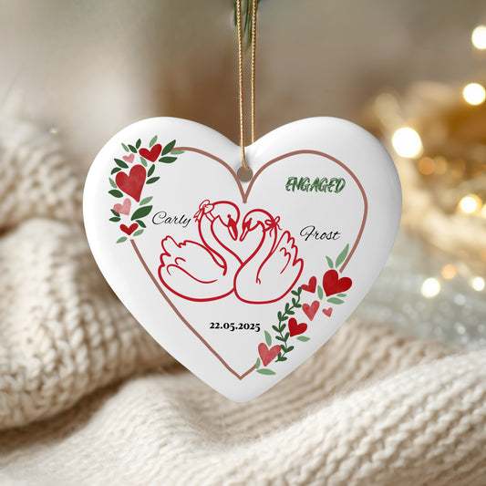 Engagement Themed Ceramic Ornament, Heart Decoration, Customized Gift, Wedding Keepsake, Holiday Decor, Personalized Ornament